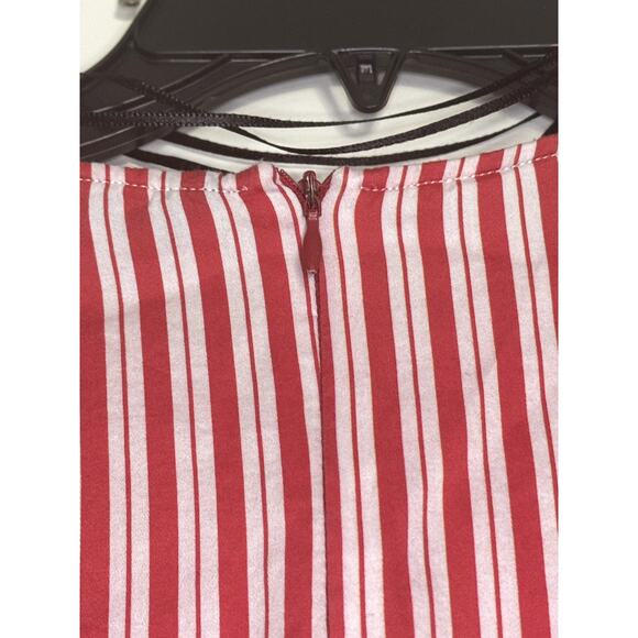 Red Vertical Striped w/Heron Bird Print Bow by Zara Womens Long Sleeve Blouse L - Picture 11 of 13